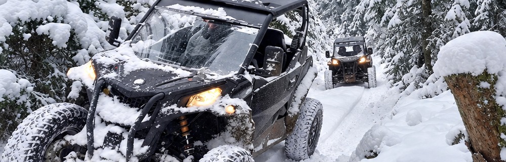 Buggys roulant dans la neige en forêt enneigée, Auvergne